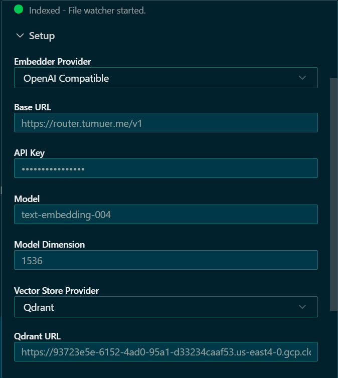 KiloCode Code Index / Embeddings 设置示例:OpenAI Compatible、Base URL、API Key、Model 与 Model Dimension